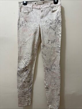 J Brand Cream Floral Skinny Jeans with Pink Accents